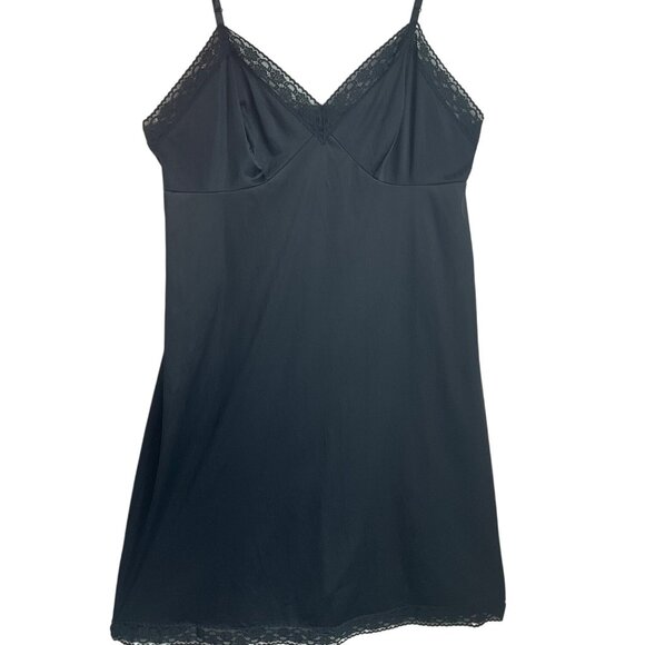 VTG 70's Vanity Fair 1XL Black Lace Trim Nylon Slip Dress Adjustable Whimsygoth - Picture 1 of 11